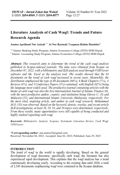 Literature Analysis of Cash Waqf: Trends and Future Research Agenda